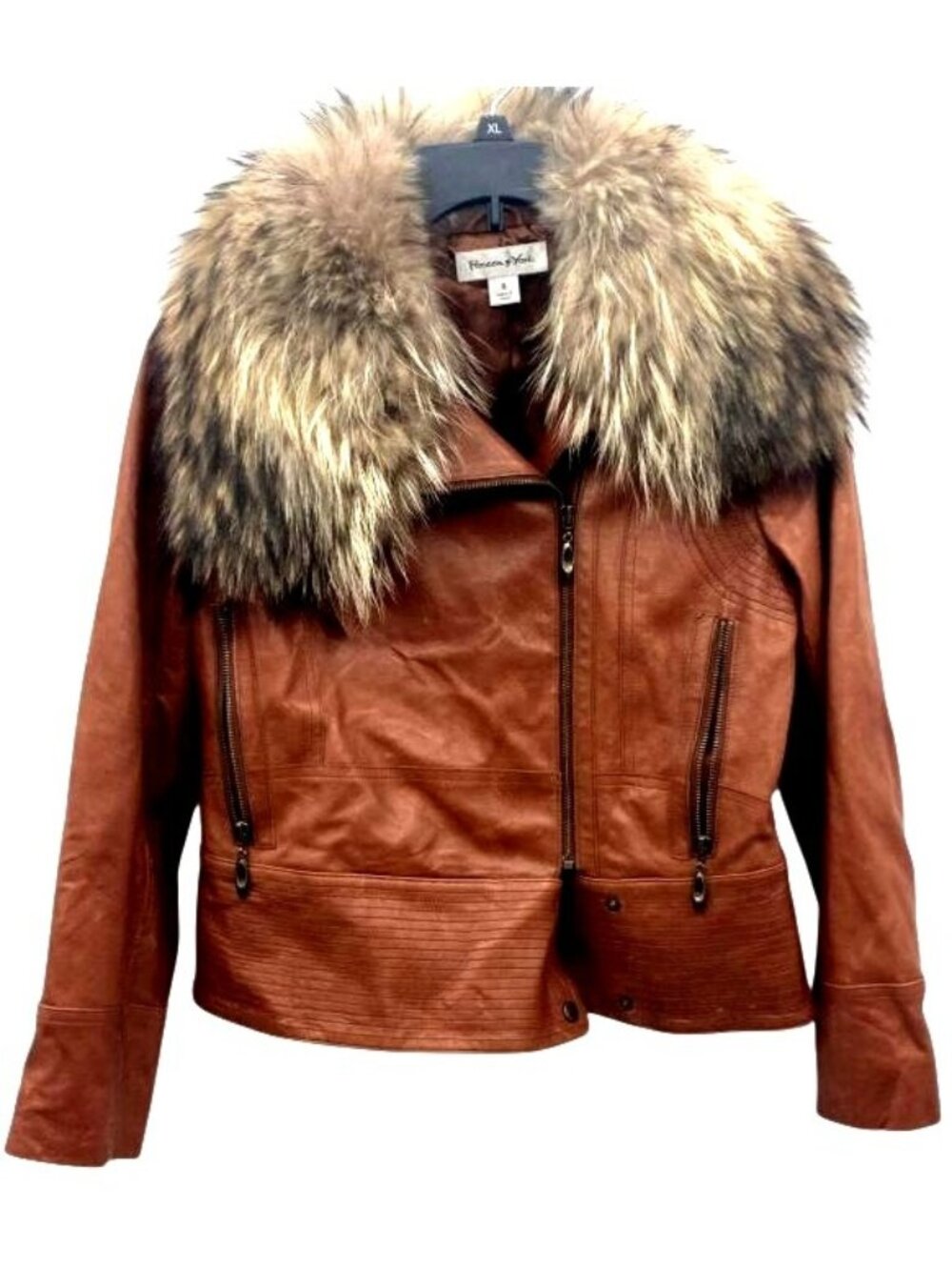 Preston & York Brown Leather Jacket Raccoon‎ Fur Collar SZ S Genuine Lambskin